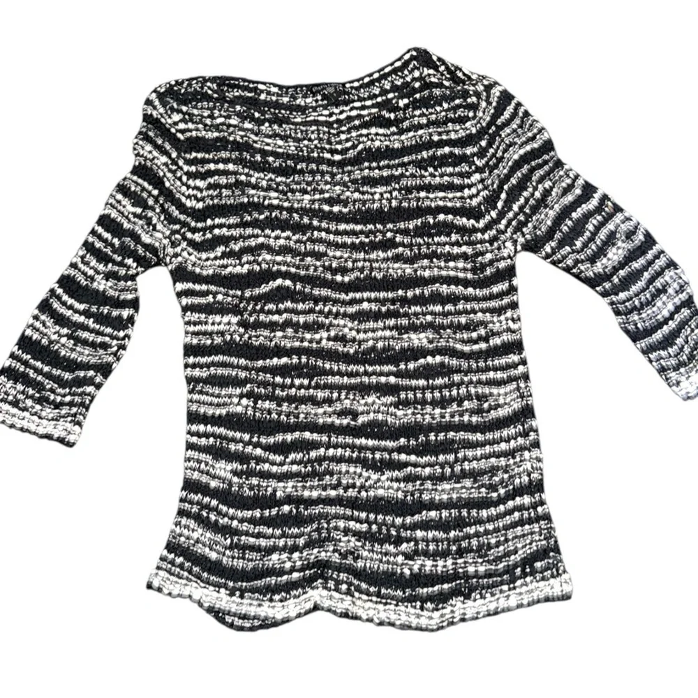 Eileen Fisher Black White Textured Knit Modern Minimalist Boxy Cotton Top Small
